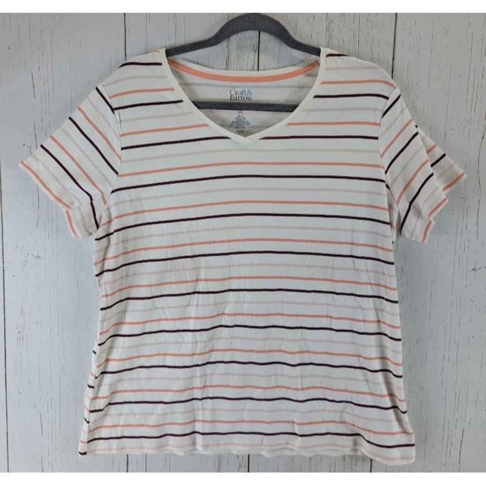 Croft Barrow Size XXL The Classic Tee Multicolor Stripe V Neck Short Sleeve Top